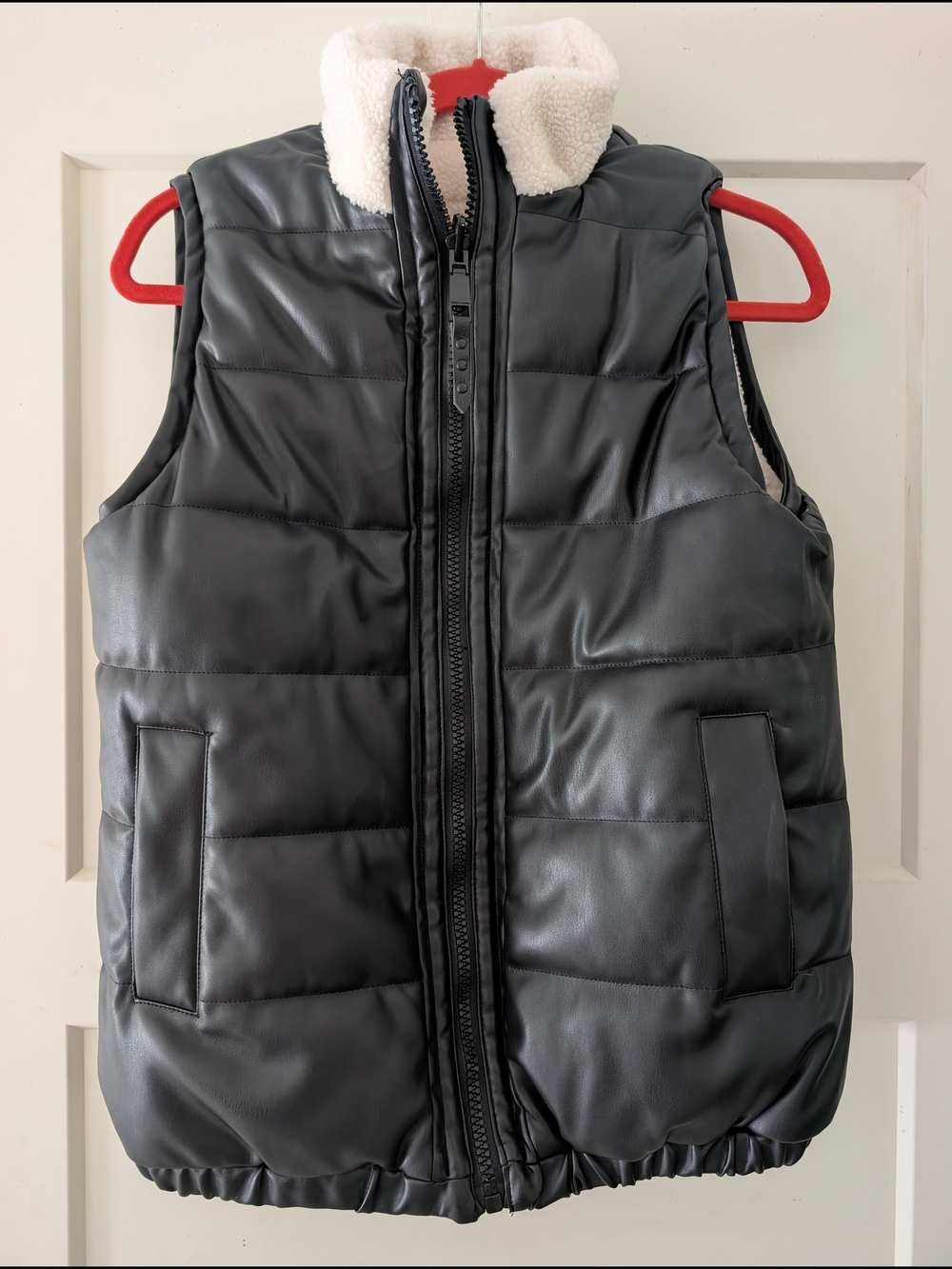 Women's Quilted Vegan Leather Puffer Vest with Sherpa Collar - Black